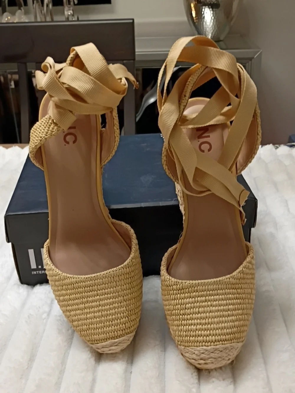 INC International Concepts Tan Woven Espadrille Wedge Sandals with Ankle Ribbon